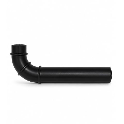 Black curved pipe with raised joint rings and a long straight section on a clean white background.