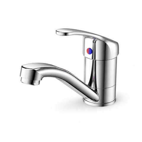 Chrome swivel basin mixer tap with red and blue temperature indicator on a white background