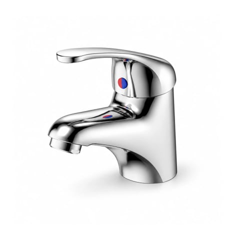 Chrome basin mixer tap with red and blue temperature indicators on a white background.