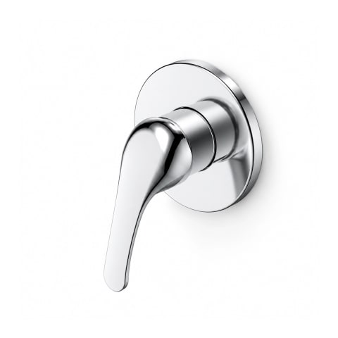 Chrome wall-mounted shower mixer with a long lever handle on a white background