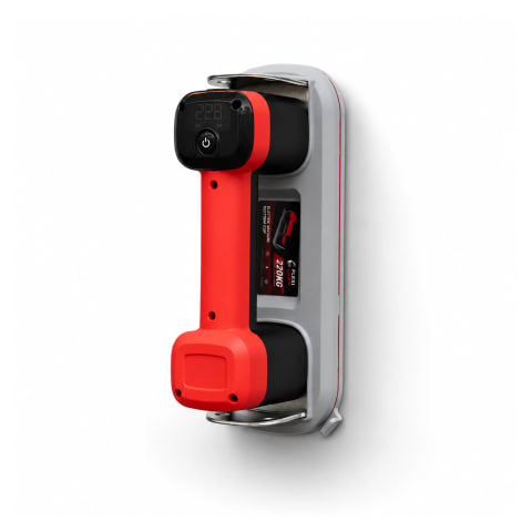 Flexi Grab 220kg electric vacuum suction cup with red and black ergonomic handle mounted in a grey storage cradle, isolated on a white background with a soft natural shadow.