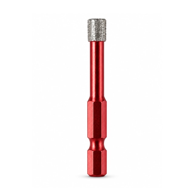Red Maible 6.5 mm diamond core drill bit with a textured silver tip and 1/4-inch hex shank, displayed upright on a white background
