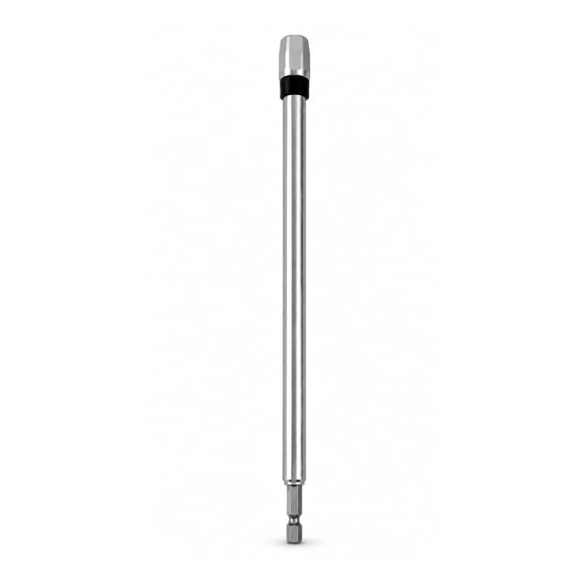 300mm silver extension bit holder with a hexagonal drive shank and black connector band, shown upright on a white background