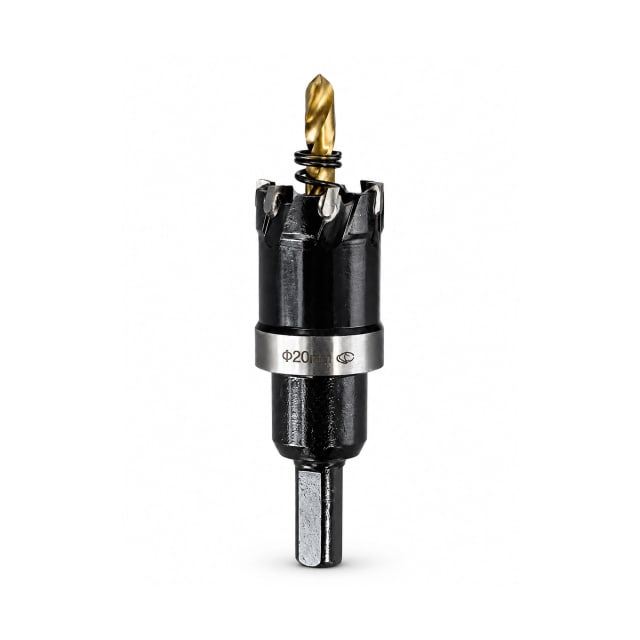 20mm black TCT holesaw with gold pilot drill bit and spring, shown upright on a white background