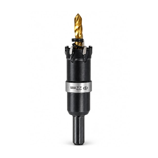 22mm black TCT holesaw with a gold pilot drill bit and retaining spring, shown upright on a white background