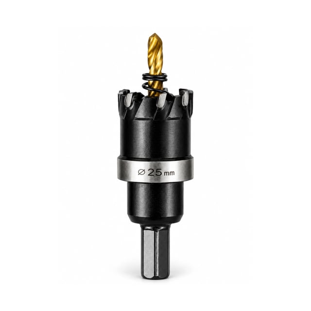 25mm black TCT holesaw with a gold pilot drill bit and retaining spring, shown upright on a white background