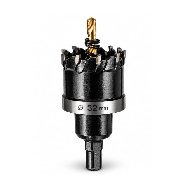 32mm black TCT holesaw with a gold pilot drill bit and retaining spring, shown upright on a white background