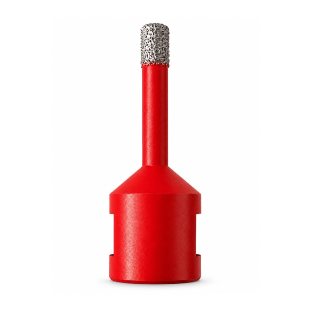 Red diamond drill bit with a textured silver tip and red cylindrical body, displayed upright on a white background with a soft shadow