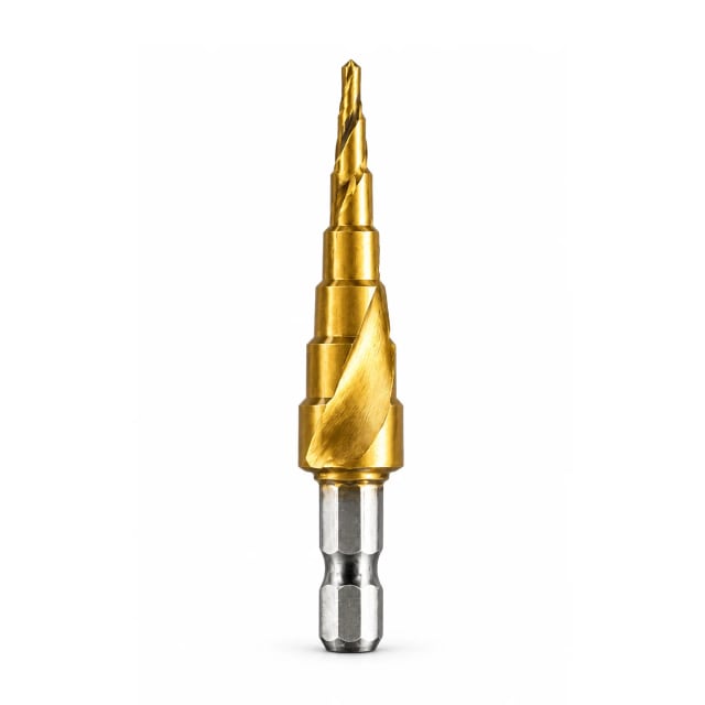 Maible 4–12mm gold step drill bit with a silver quarter-inch hex shank on a white background
