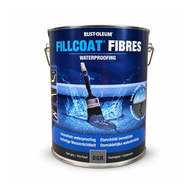 Rust-Oleum Fillcoat Fibres waterproofing coating tin in dark grey on a white background