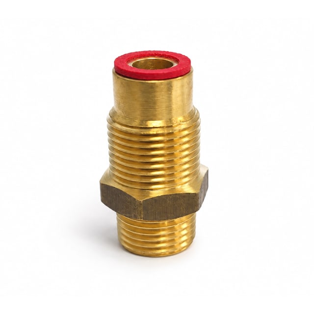 Brass threaded plumbing adapter with red sealing ring on a white background.