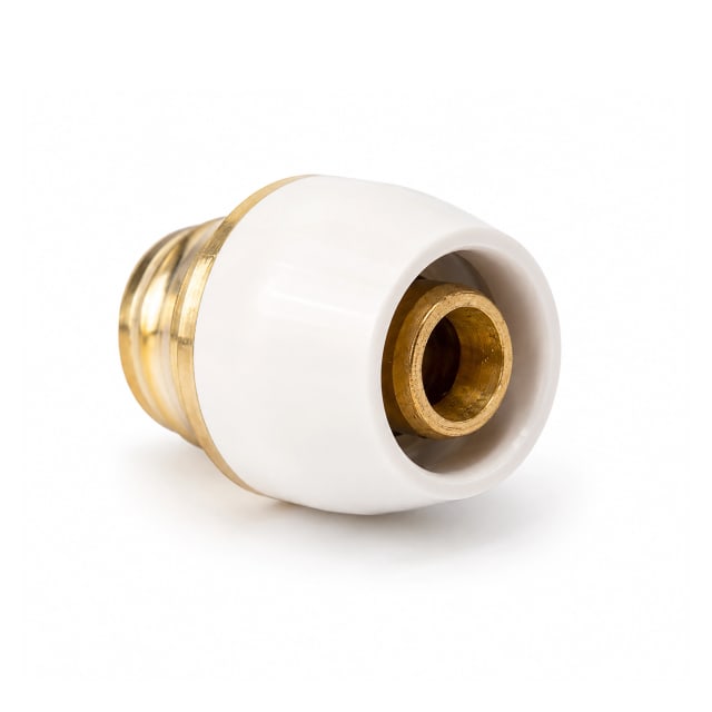 Brass plumbing end cap fitting with white plastic sleeve on a white background