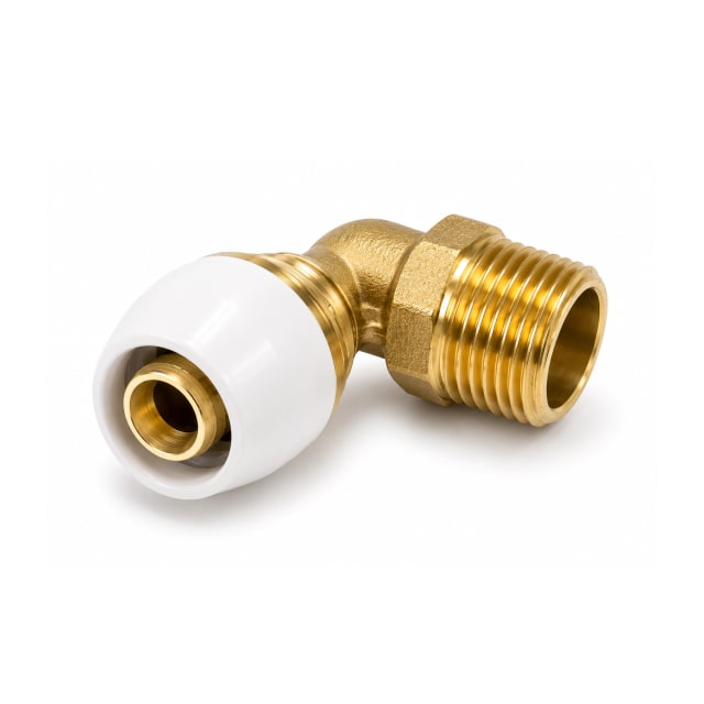 Brass male thread elbow plumbing fitting with white plastic compression end on a white background