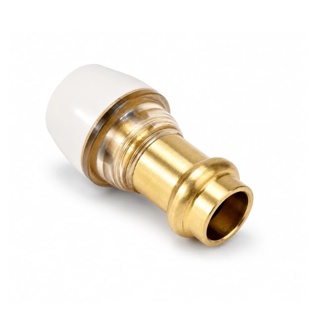 Brass plumbing adaptor with white plastic end on a white background