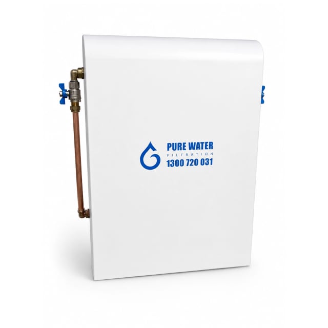 White Pure Water Filtration outdoor water filtration unit with copper pipework and blue valve handles on a white background