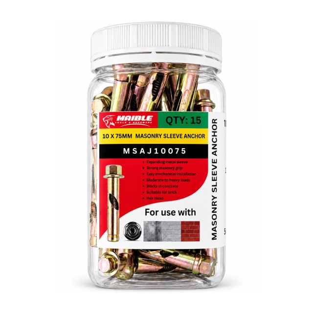 Maible 10 x 75mm masonry sleeve anchors in a clear 15-piece container with a white lid on a white background