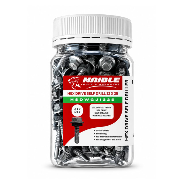 Maible 12 x 25mm galvanised hex-drive self-drilling screws with neo washers in a clear 100-piece container with a white lid