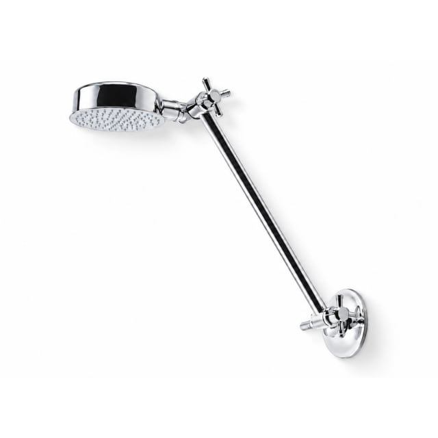 Chrome shower head with a long angled arm, cross handles and round wall mount on a white background with a soft shadow