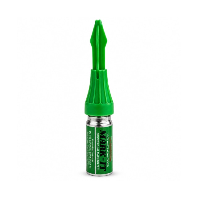 Green Mark-It professional marking pen with a pointed applicator cap and labelled metal container, displayed upright on a white background