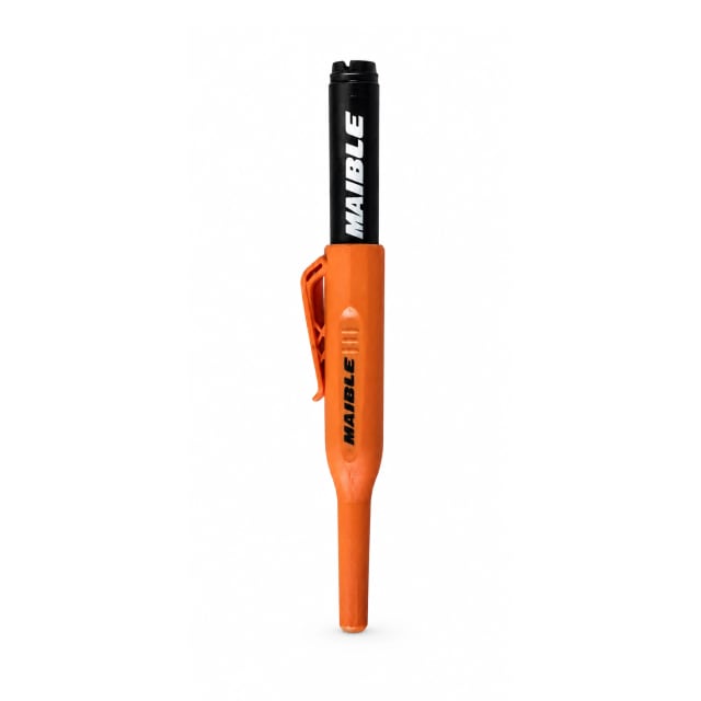 Orange and black MAIBLE deep hole construction marker with side pocket clip, shown upright on a white background