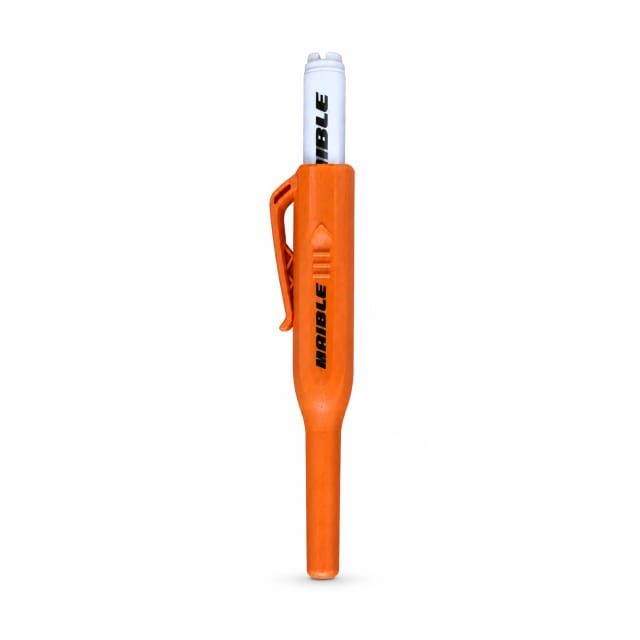 Orange Maible carpenter’s pencil holder with clip and white marker insert, displayed upright on a white background with a soft shadow