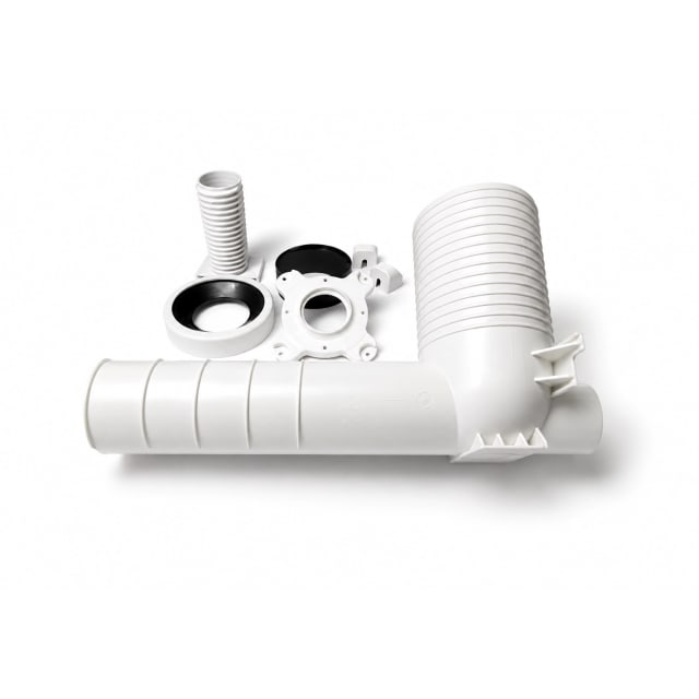 White plumbing drain kit components, including a large L-shaped drain pipe, ribbed riser, flange, seals and mounting pieces, displayed on a white background with soft shadows.