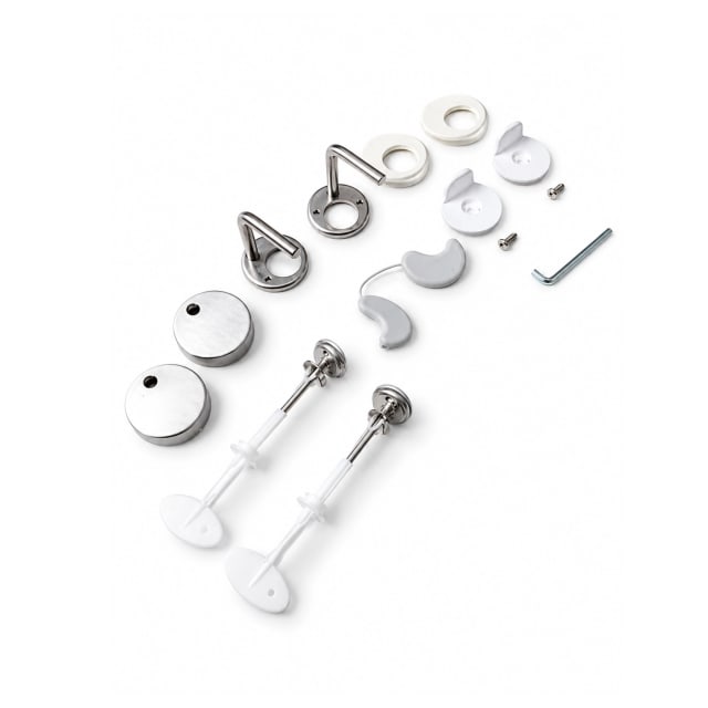 Caroma Caravelle Care Fixing Pack 254107 — toilet seat kit with chrome bolts, stainless hinges, spacers, screws and Allen key.