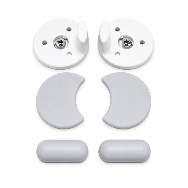 White plastic wall-mount hook set with mounting brackets, cover plates, and bumper caps on a white background.