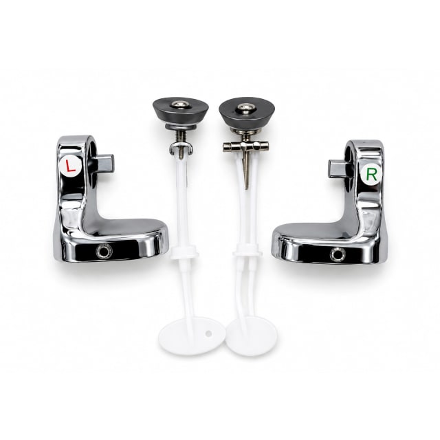 Chrome toilet seat hinge set with left and right brackets, mounting bolts, and fixing hardware on a white background.