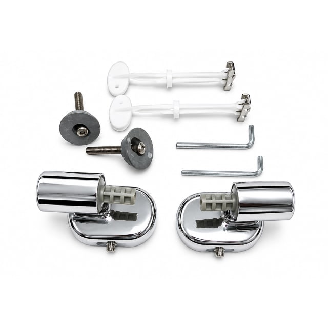 Chrome toilet seat hinge kit with mounting brackets, fixing bolts, anchor plugs, and Allen keys on a white background.