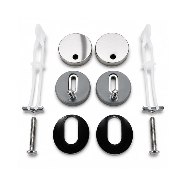 Toilet seat hinge mounting kit with stainless steel covers, adjustable brackets, anchor plugs, washers, and fixing screws on a white background.