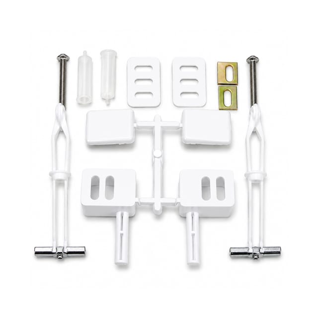White toilet seat mounting kit with fixing bolts, anchor plugs, adjustment plates, and plastic mounting components on a white background.