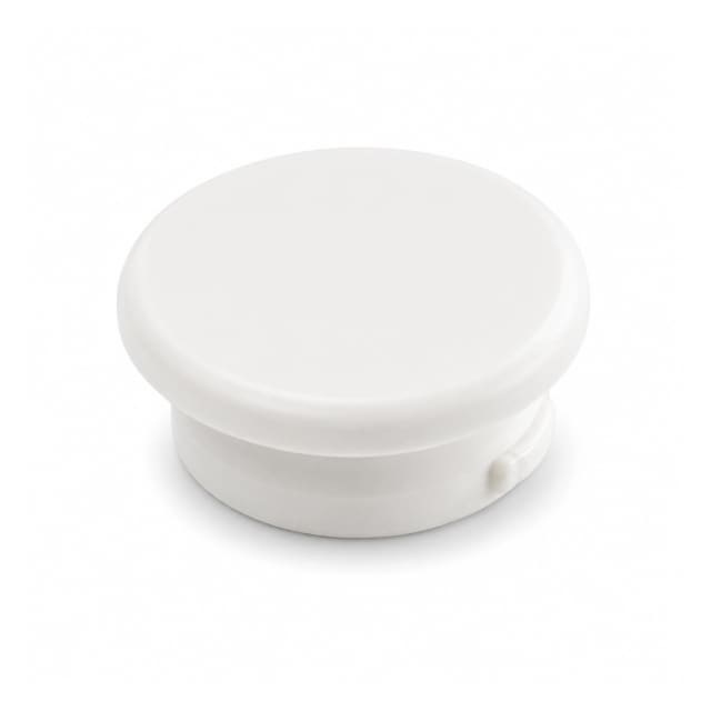 White plastic toilet seat hinge cover cap with a smooth rounded top on a white background.