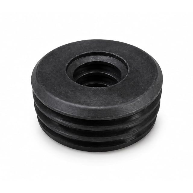 Black threaded rubber insert with external grooves and internal threading on a white background.