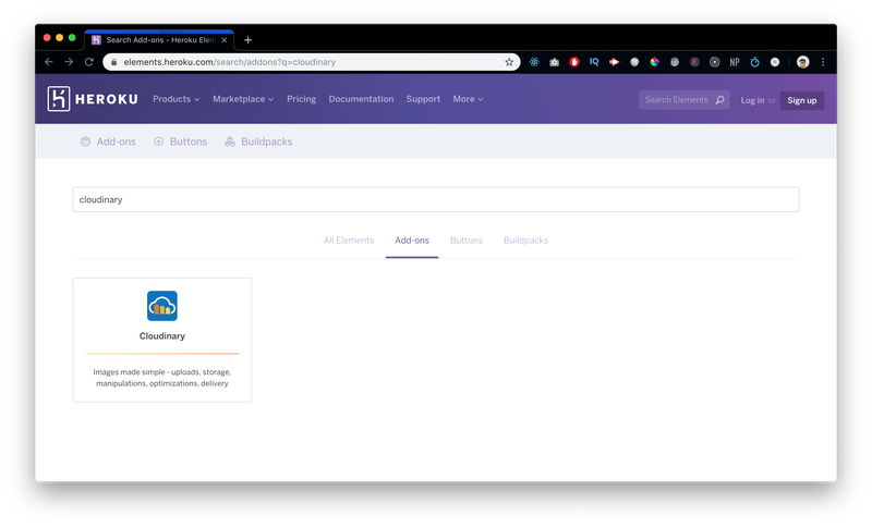 Find Cloudinary addon from heroku element marketplace