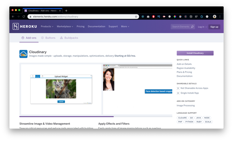 Heroku marketplace cloudinary addon