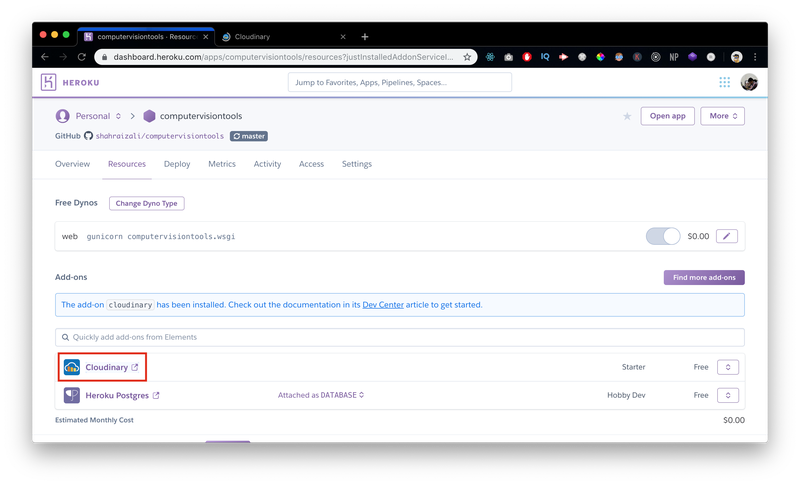 Heroku dashboard after adding cloudinary addon