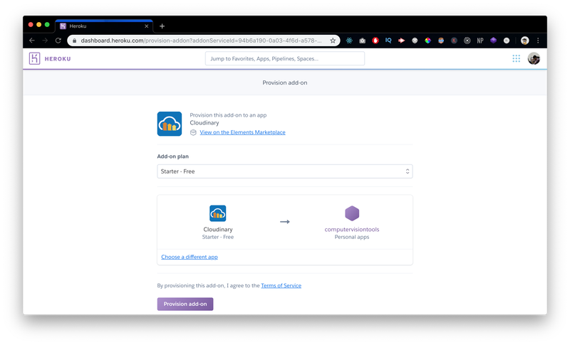 Select an app to connect to cloudinary