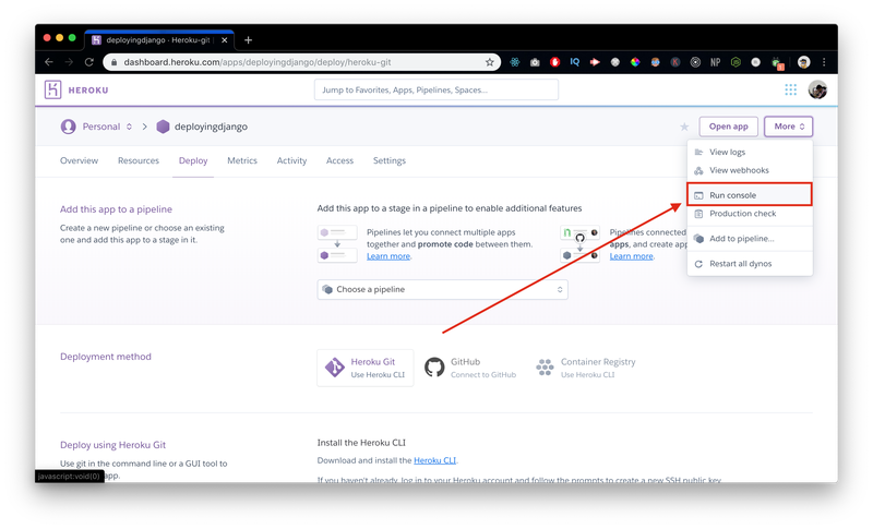 run manage.py command from heroku dashboard