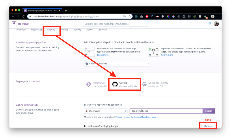 heroku django connect your github account