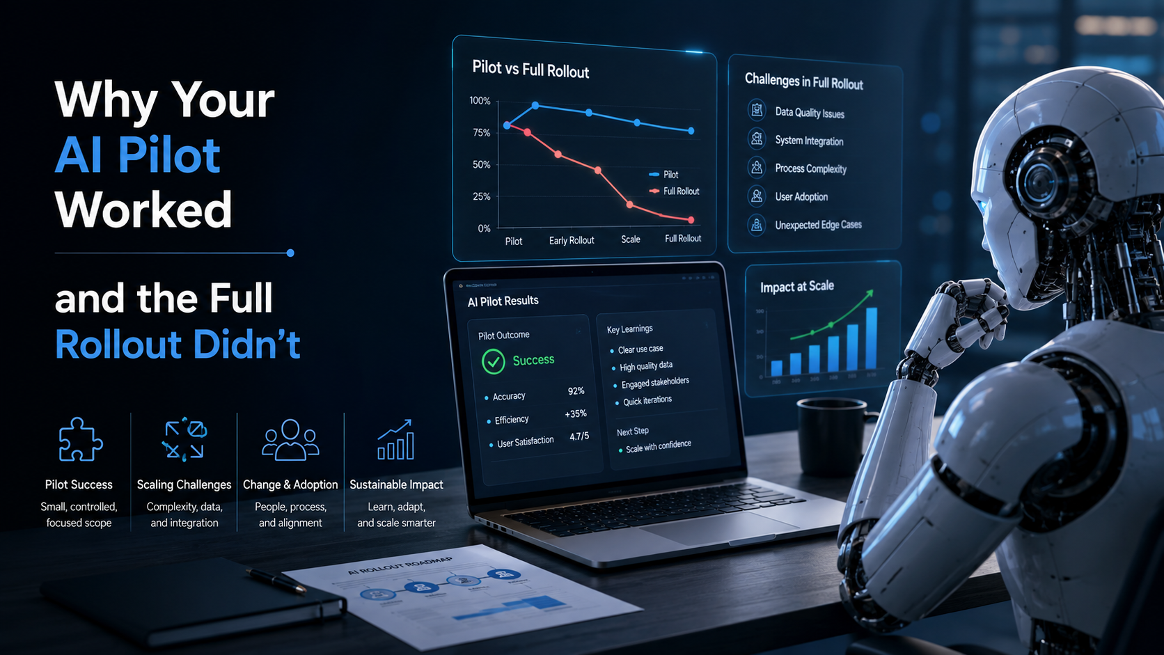Comparison chart showing AI pilot conditions versus full production rollout conditions