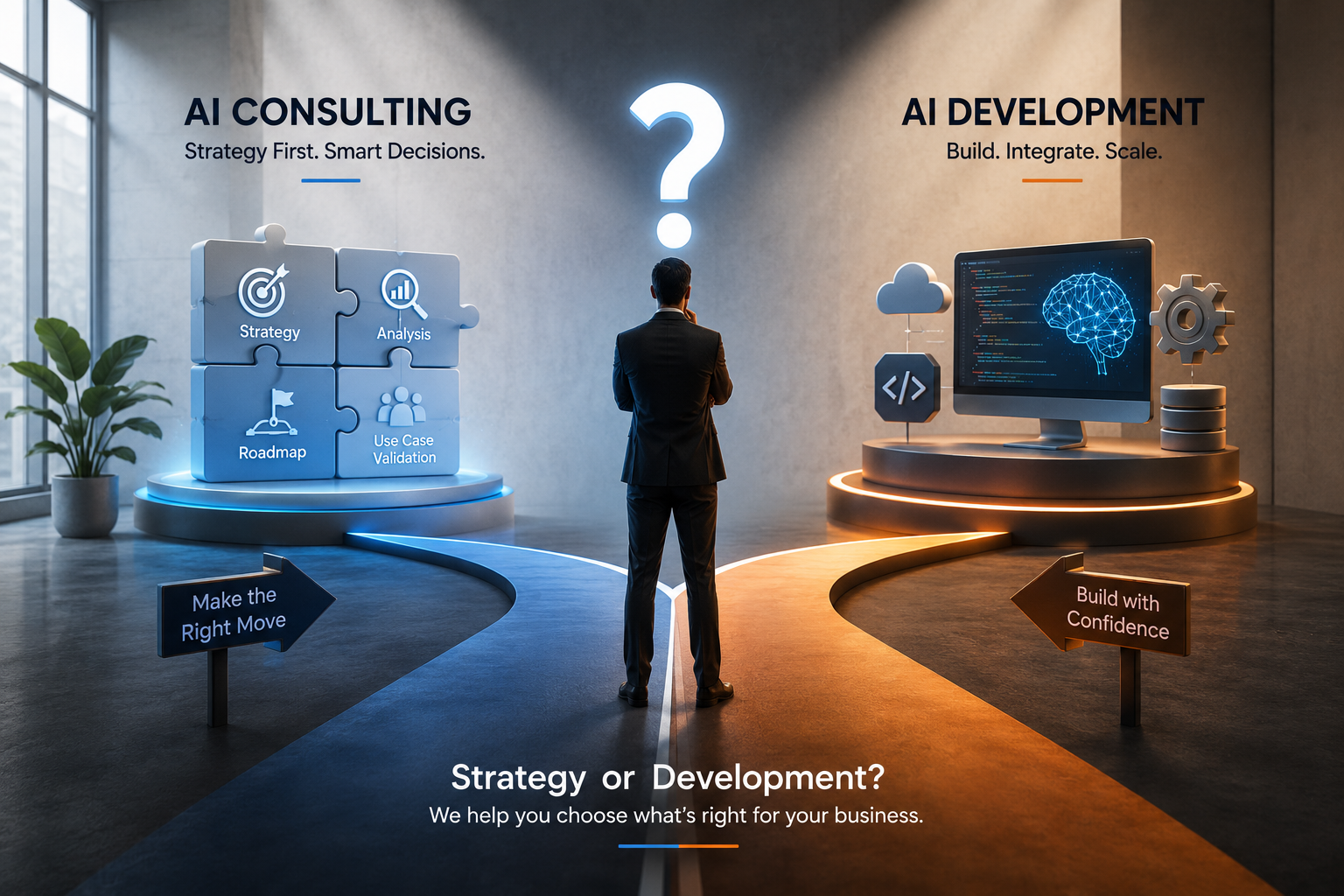 Decision framework showing when to start with AI consulting versus moving directly into AI development