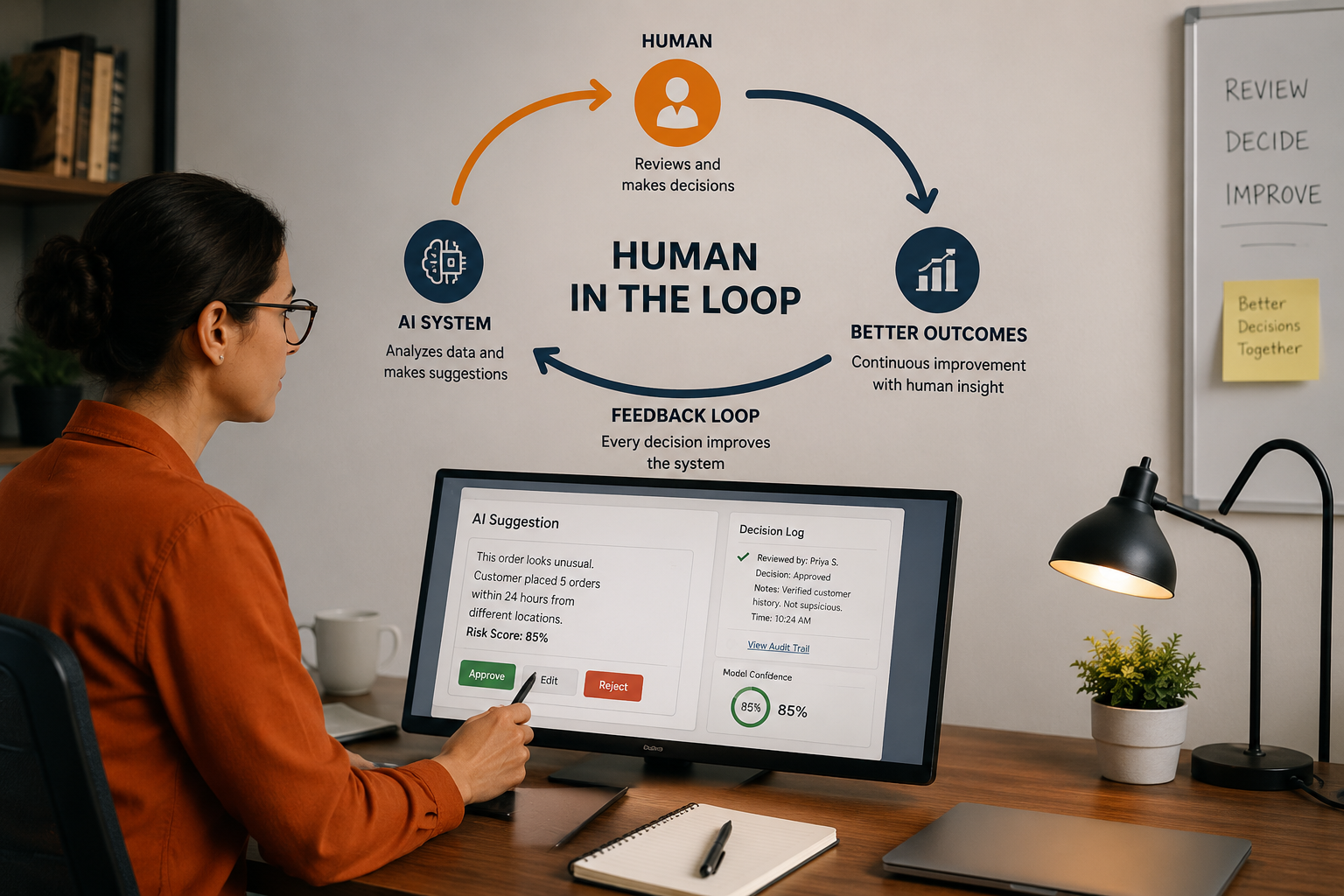 Workflow diagram showing specific points where human review occurs in an AI decision process