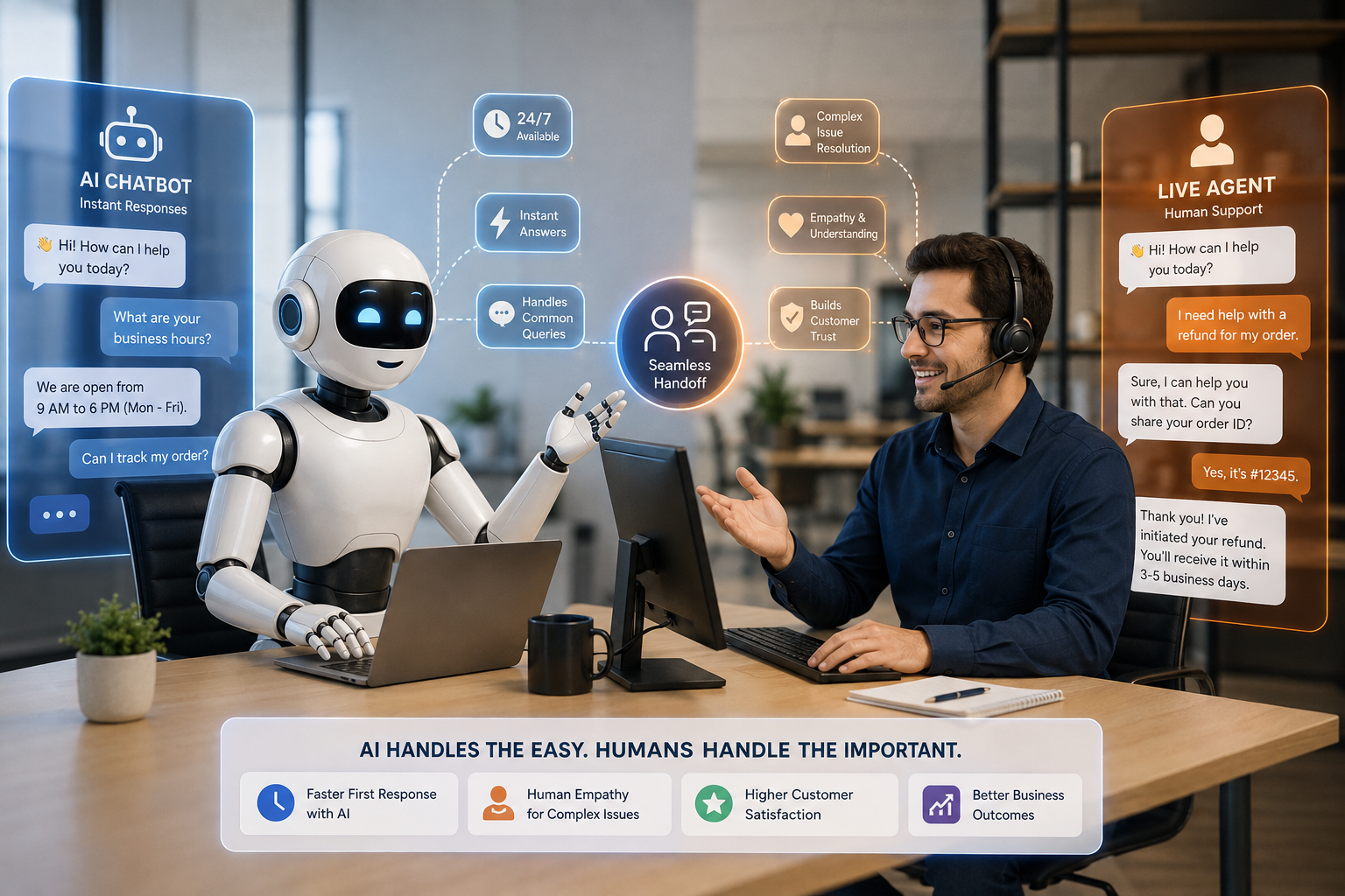 Support workflow showing AI chatbot handling routine inquiries and escalating complex ones to a human agent