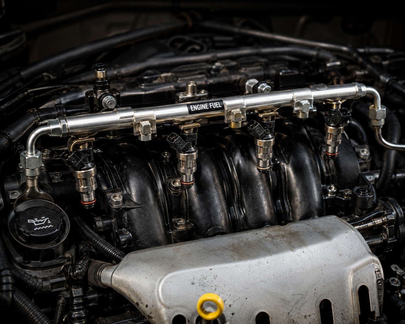 Fuel rail mounted on top of engine connecting all four fuel injectors — AutoClinic