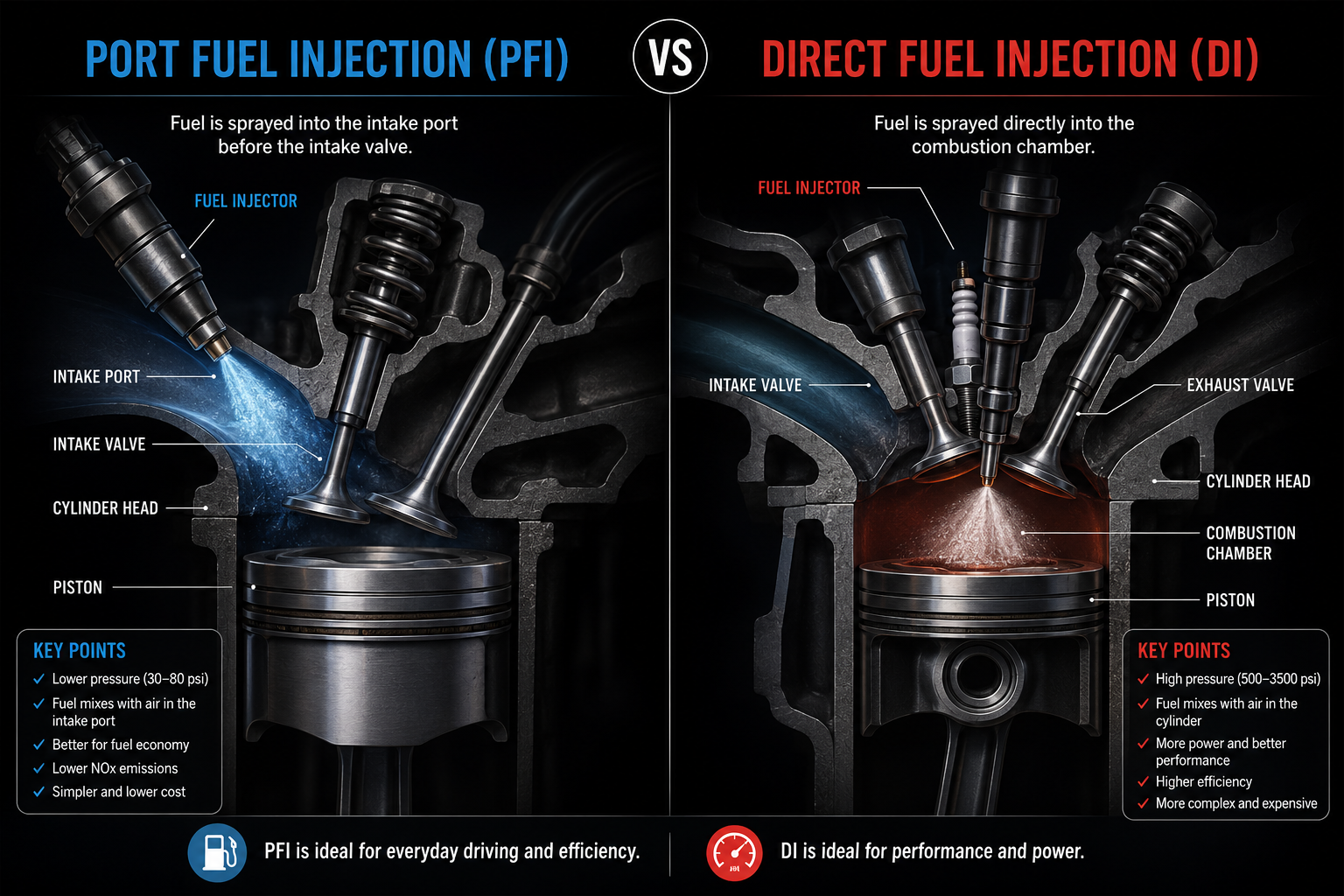 Port fuel injection vs direct injection diagram showing spray location difference — AutoClinic