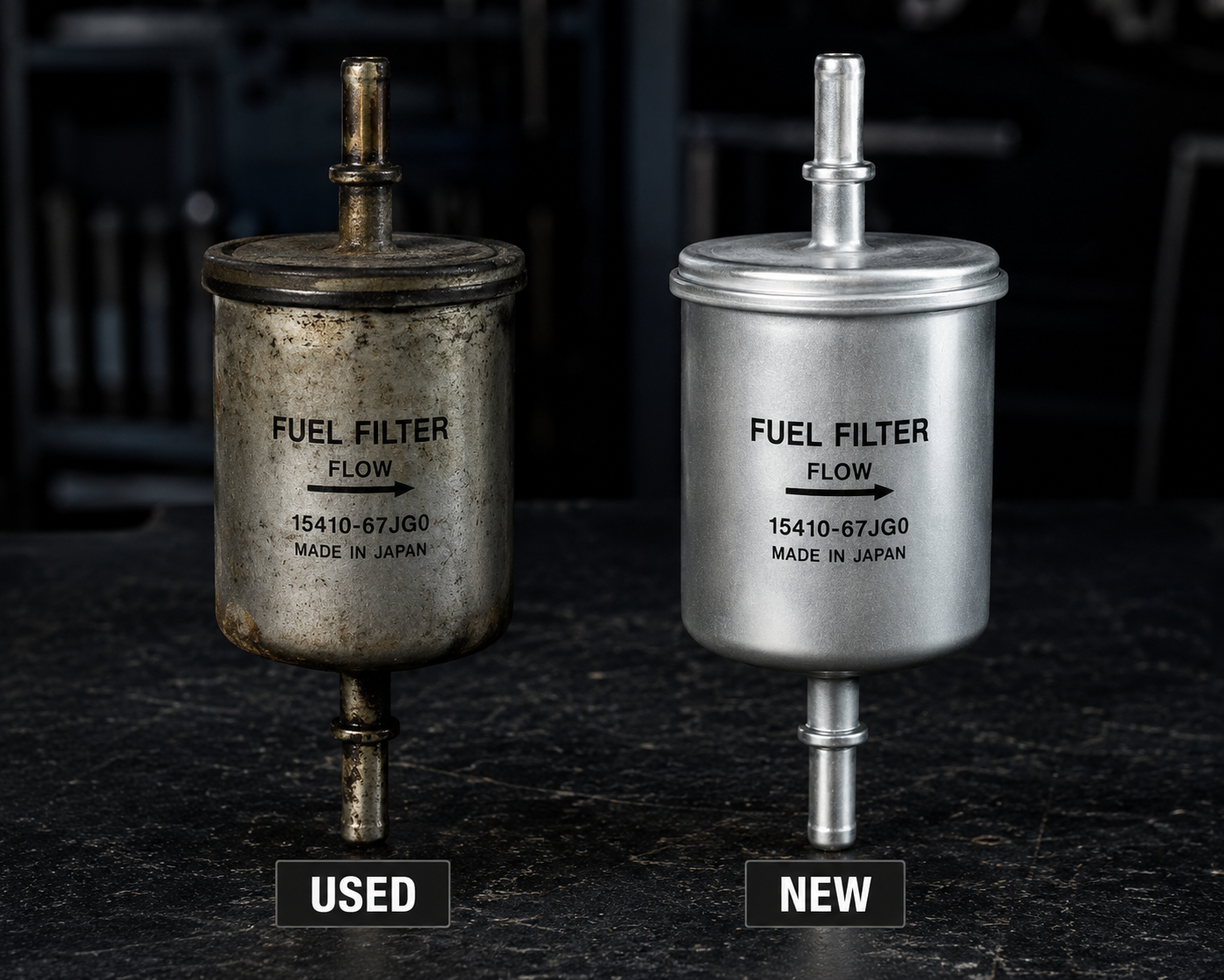 Fuel filter removed from car showing inlet and outlet fittings compared to new replacement — AutoClinic
