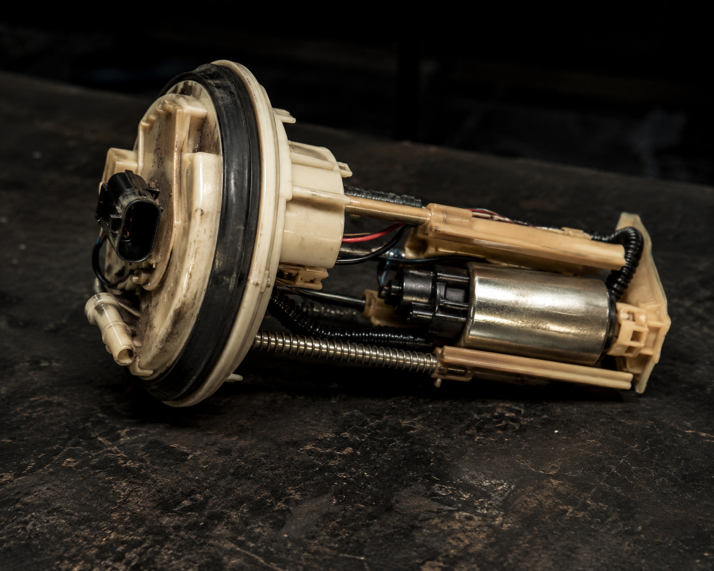 Fuel pump module removed from fuel tank showing pump assembly and electrical connector — AutoClinic