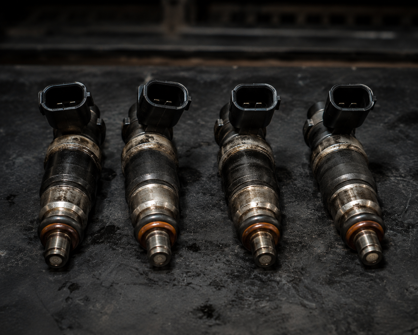 Four fuel injectors lined up side by side showing cylindrical body electrical connectors and spray nozzle tips — AutoClinic