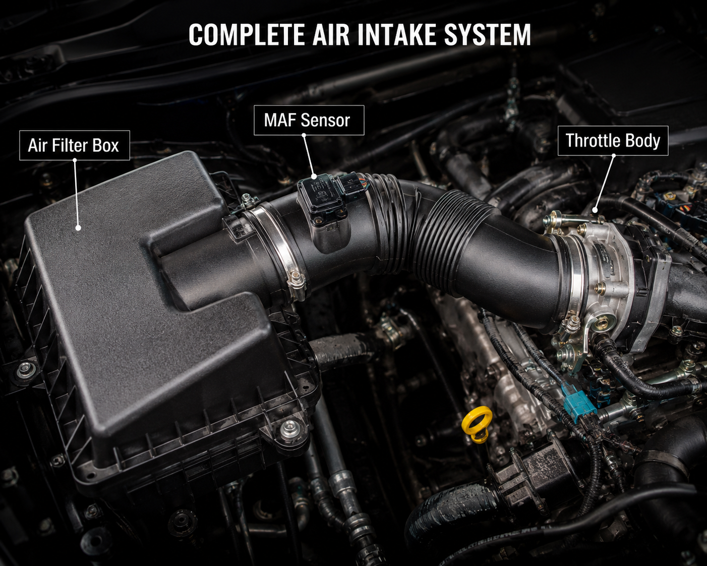 Complete air intake system on engine showing air filter box intake pipe MAF sensor and throttle body connected — AutoClinic